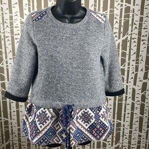 THML 3/4 Sleeve Pullover Tapestry Peplum Hem Velvet Ribbon Top sz XS